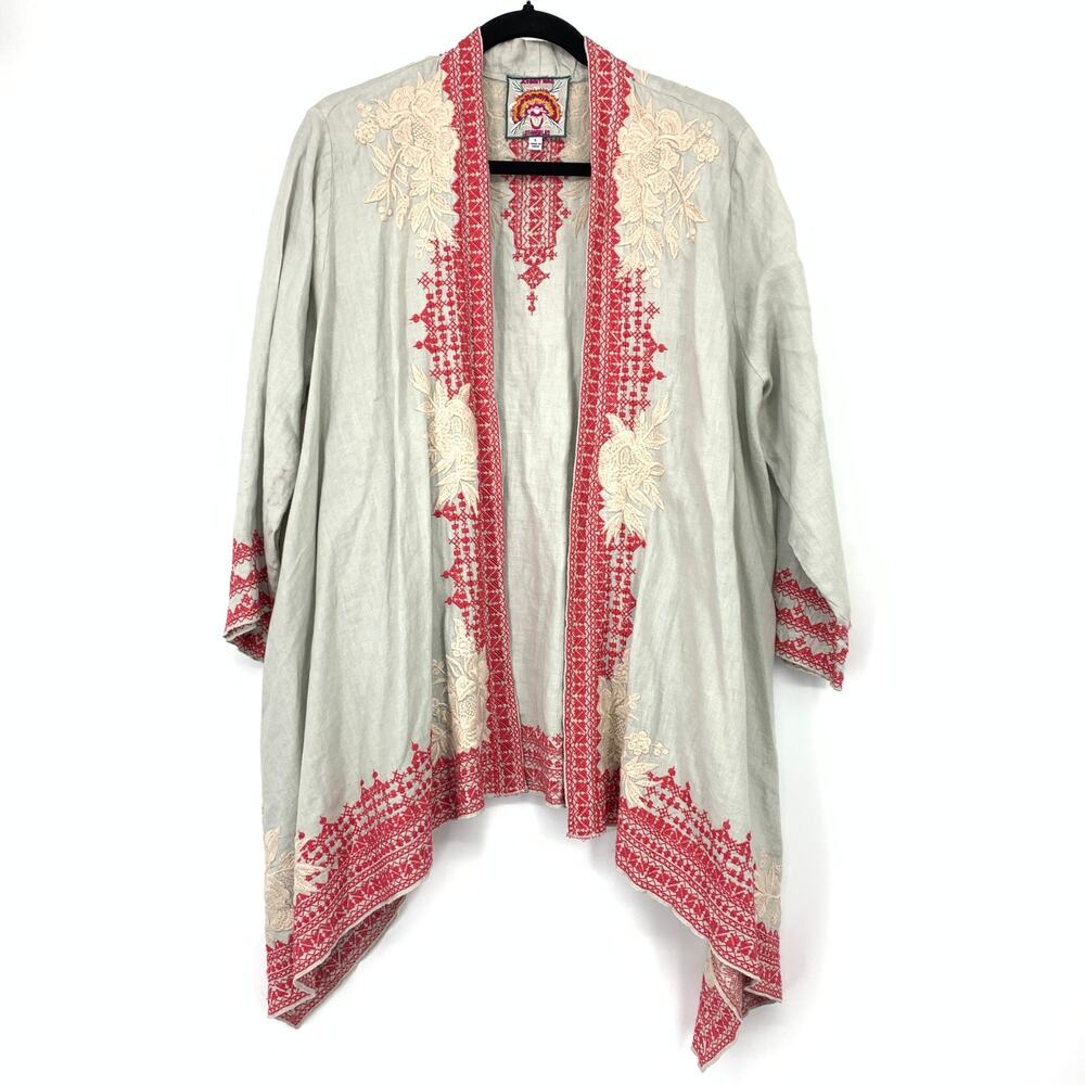Johnny Was Camille Red Cream Embroidered Draped Natural Linen Kimono Duster Sz L